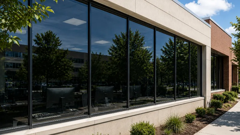 Tinted glazing on an institutional building, reflecting trees and open sky.
