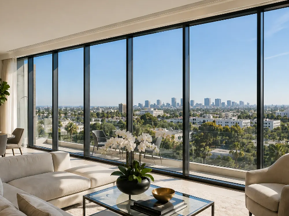 Sunlit living room with full-height glass treated to cut heat without dimming the view.